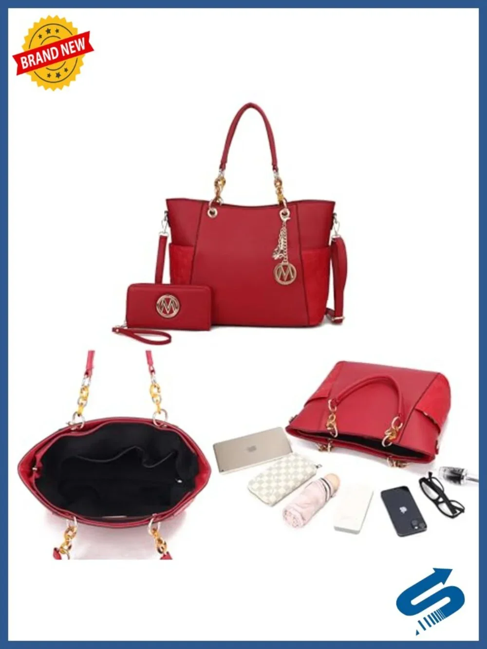 Vegan Leather Tote Bag Set with Wallet and Acrylic Chain, Top Handle Satchel